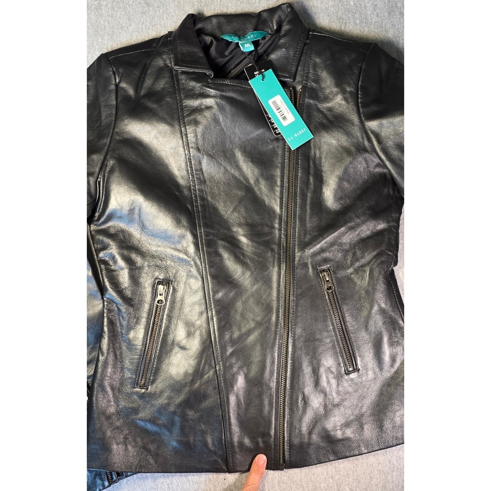 La Marey Womens Black Genuine Leather Moto Jacket Asymmetrical Zip Biker M